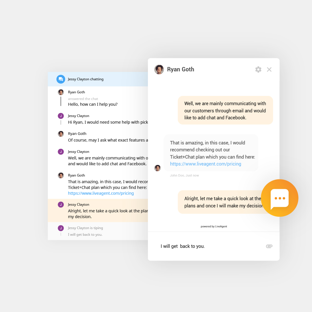 正在LiveAgent中进行的实时对话概览和实时对话按钮以及实时对话窗口