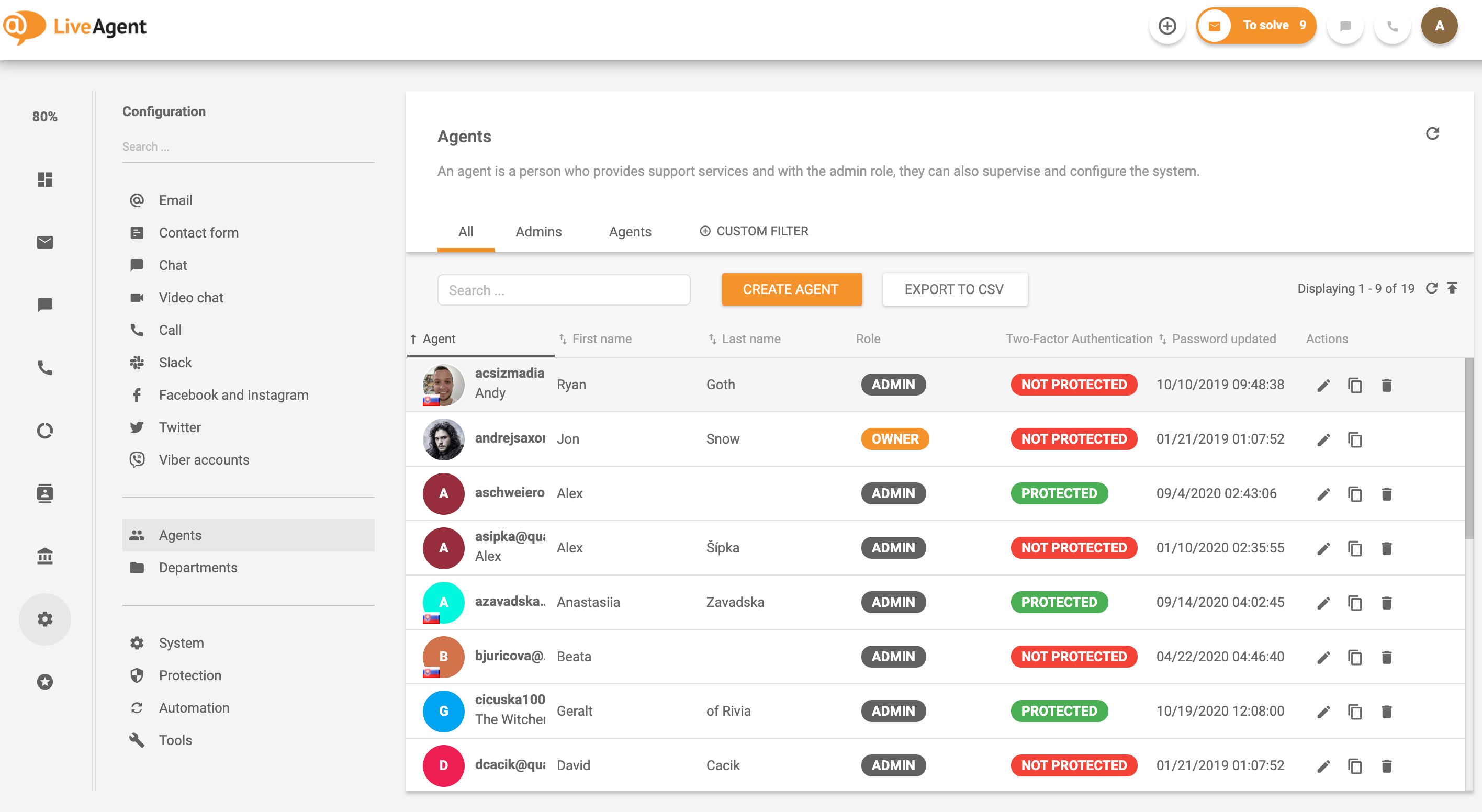 LiveAgent客户服务解决方案中的代理名单