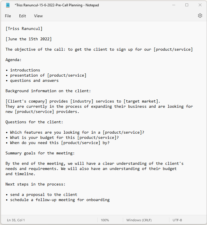呼叫前计划笔记示例