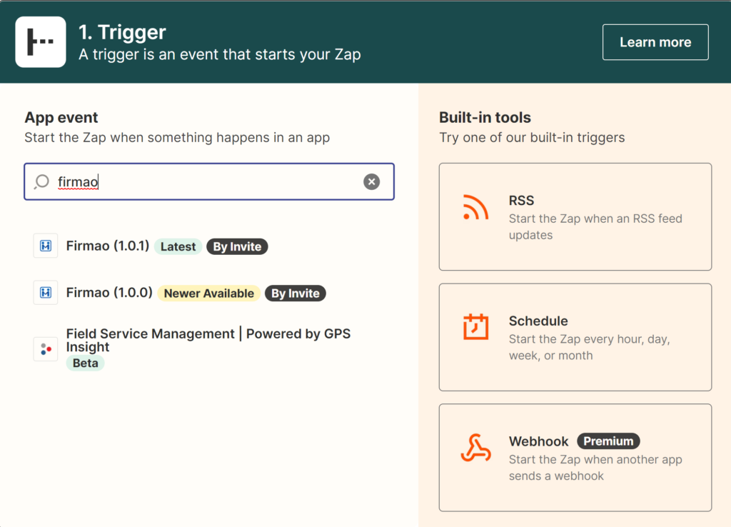 如何在Zapier上找到Firmao集成的图示