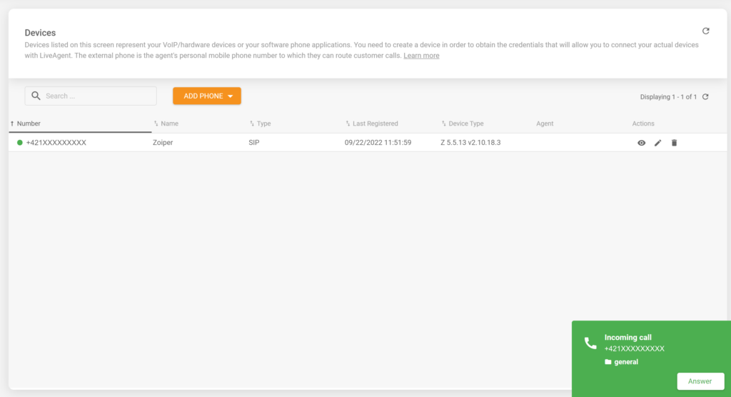 一个成功集成了Zopier软电话和LiveAgent帮助台软件的来电的图示
