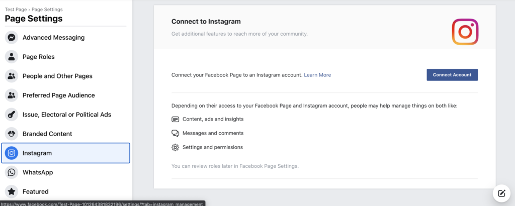 Facebook上的Instagram设置,连接一个Instagram页面到您的Facebook页面。
