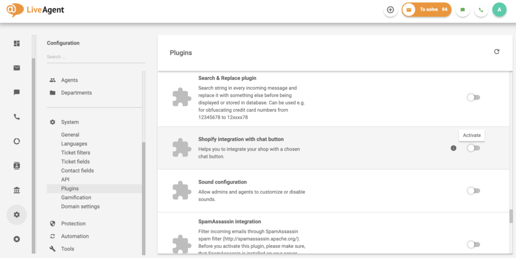 LiveAgent插件列表中Shopify与对话按钮集成