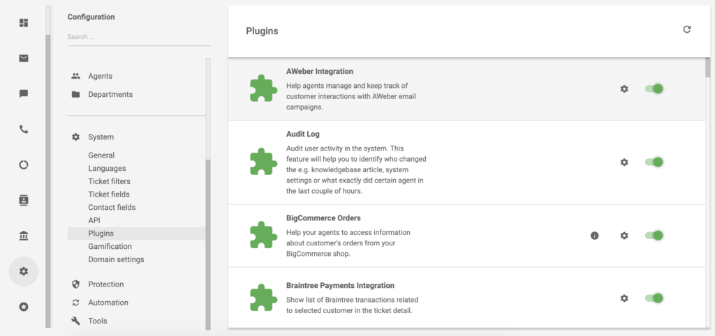 LiveAgent插件列表中AWeber插件已激活