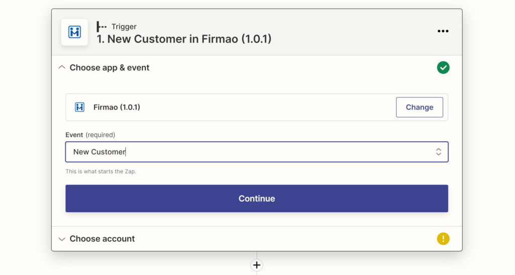 在Zapier上集成配置期间选择Firmao事件图示