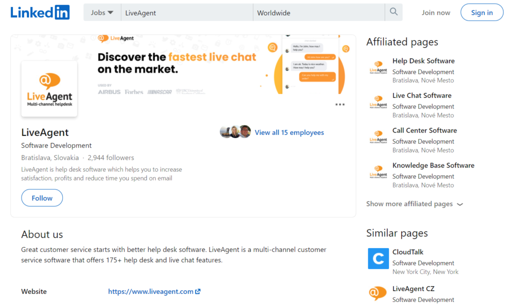 LiveAgent's LinkedIn page