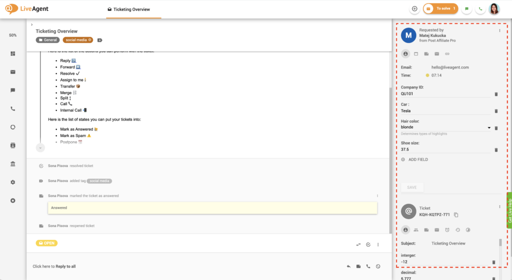 LiveAgent 中的 CRM 示例
