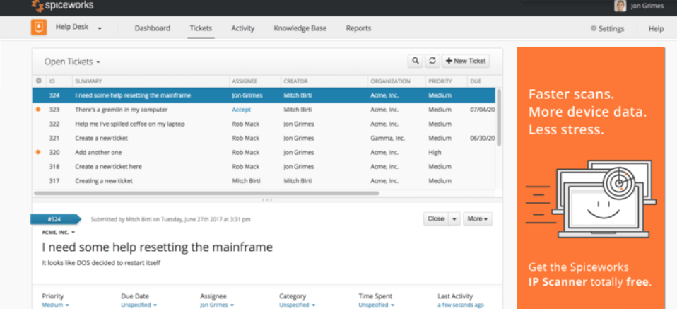 Spiceworks免费的Ticketing服务