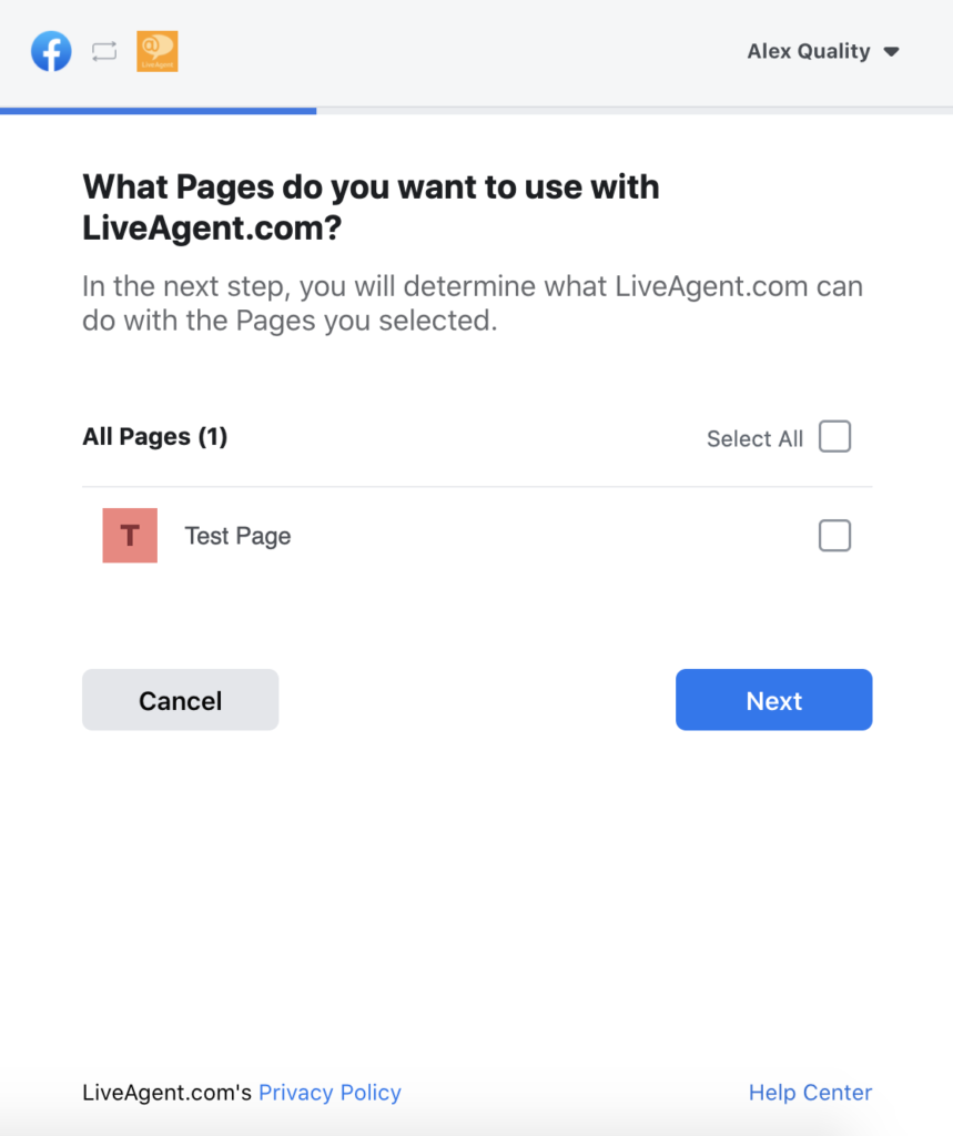 在LiveAgent配置中选择Facebook页面