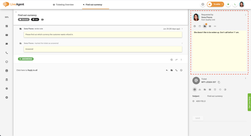 工单中的注释 - LiveAgent