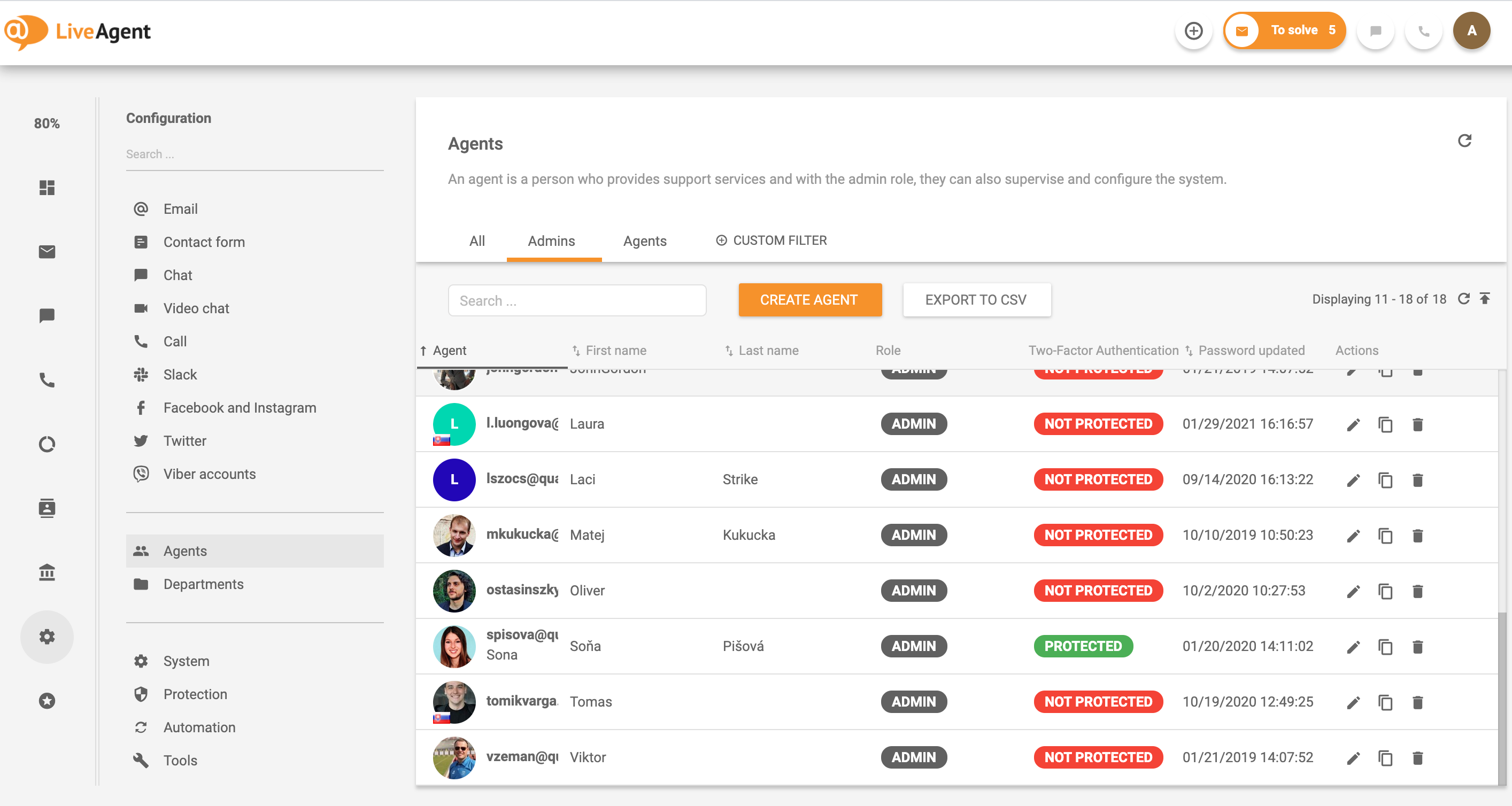 LiveAgent 中的客户代表 - 示例